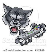 Vector Illustration of a Mad Wolf Mascot Holding a Video Game Controller by AtStockIllustration