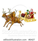 Vector Illustration of a Magic Flying Christmas Reindeer and Santa in a Sleigh by AtStockIllustration