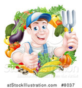 Vector Illustration of a Middle Aged Brunette White Male Gardener in Blue, Holding up a Garden Fork and Giving a Thumb up in a Wreath of Produce by AtStockIllustration