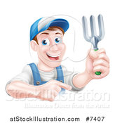 Vector Illustration of a Middle Aged Brunette White Male Gardener in Blue, Holding up a Garden Fork and Pointing by AtStockIllustration