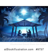 Vector Illustration of a Nativity Scene of Mary and Joseph Praying over Baby Jesus, with Palm Trees by AtStockIllustration