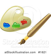 Vector Illustration of a Paint Palette with Blue, Green and Red Paints and a Paintbrush by AtStockIllustration