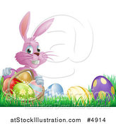Vector Illustration of a Pink Bunny Holding Basket by Easter Eggs by AtStockIllustration