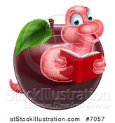 Vector Illustration of a Pink Earthworm Reading a Book and Emerging from a Red Apple by AtStockIllustration