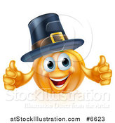 Vector Illustration of a Pleased Thanksgiving Pumpkin Character Wearing a Pilgrim Hat and Giving Two Thumbs up by AtStockIllustration