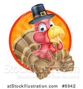 Vector Illustration of a Pleased Thanksgiving Turkey Bird Wearing a Pilgrim Hat and Giving a Thumb up and Emerging from a Circle of Rays by AtStockIllustration