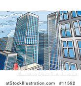 Vector Illustration of a Pop Art Comic Book Styled Scene of City Skyscraper Buildings by AtStockIllustration