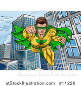 Vector Illustration of a Pop Art Comic Male Super Hero Flying Forward over a City by AtStockIllustration