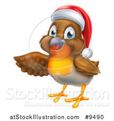 Vector Illustration of a Presenting Cheerful Christmas Robin in a Santa Hat by AtStockIllustration