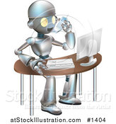 Vector Illustration of a Professional Metallic Robot Character Talking on a Cell Phone and Working on a Computer at an Office Desk by AtStockIllustration