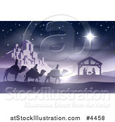 Vector Illustration of a Purple Nativity Scene of Baby Jesus in the Manger with the Wise Men and Star of Bethlehem near the City by AtStockIllustration