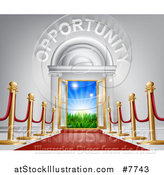 Vector Illustration of a Red Carpet and Posts Leading to a Doorway with Grass and Sunshine and Opportunity Text by AtStockIllustration