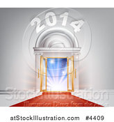 Vector Illustration of a Red Carpet Leading to an Ornate 2014 Arch of Open Doors and Bright Lights by AtStockIllustration