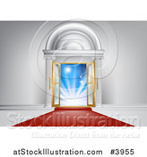 Vector Illustration of a Red Carpet Leading to an Ornate Doorway with Open Doors and Bright Lights by AtStockIllustration