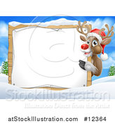 Vector Illustration of a Red Nosed Christmas Reindeer with a Blank Sign in a Winter Landscape by AtStockIllustration