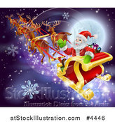Vector Illustration of a Reindeer and Santa in His Magic Sleigh Against a Full Moon with Snowflakes by AtStockIllustration