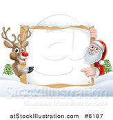 Vector Illustration of a Reindeer and Santa Pointing Around a Christmas Wood Sign in the Snow by AtStockIllustration