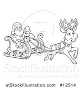 Vector Illustration of a Reindeer Flying Santa on His Sleigh - Outlined Version by AtStockIllustration
