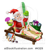 Vector Illustration of a Relaxing Santa Holding a Cocktail and Waving with Vacation Items and a Bag of Gifts by AtStockIllustration