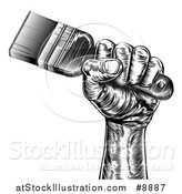 Vector Illustration of a Retro Black and White Woodcut Fisted Hand Holding up a Paintbrush by AtStockIllustration