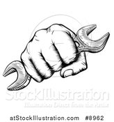 Vector Illustration of a Retro Black and White Woodcut or Engraved Fisted Hand Holding a Spanner Wrench by AtStockIllustration