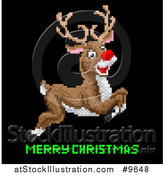 Vector Illustration of a Retro Pixelated Leaping Rudolph Red Nosed Reindeer over Merry Christmas Text by AtStockIllustration