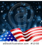 Vector Illustration of a Rippling American Flag over Dark Blue Rays and Flares by AtStockIllustration