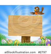 Vector Illustration of a Robin Perched on a Blank Wood Sign over Easter Eggs in Grass over a Sunny Sky by AtStockIllustration