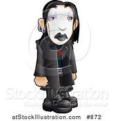 Vector Illustration of a Sad Trendy Teenage Gothic Boy with Black Hair, Earrings, White Face Makeup and Black Lipstick, Wearing Black Leather Clothes by AtStockIllustration