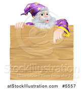 Vector Illustration of a Senior Male Wizard Pointing down at a Wooden Sign by AtStockIllustration