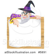 Vector Illustration of a Senior Wizard Pointing down to a Posted Notice Sign on Wood by AtStockIllustration