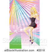 Vector Illustration of a Sexy Blond Woman Sitting on Barstool with Champagne, over Rainbow Rays by AtStockIllustration