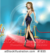 Vector Illustration of a Sexy Female Celebrity in a Gown, Walking down the Red Carpet with Flashes of Camera Lights by AtStockIllustration