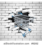 Vector Illustration of a Shopping Cart Crashing Through a 3d White Brick Wall by AtStockIllustration