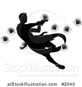 Vector Illustration of a Silhouetted Action Hero Shooting, over Bullet Holes by AtStockIllustration