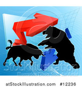 Vector Illustration of a Silhouetted Bear Vs Bull Stock Market Design with Arrows over a Graph by AtStockIllustration