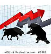 Vector Illustration of a Silhouetted Bear Vs Bull Stock Market Design with Arrows over a Graph by AtStockIllustration