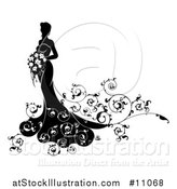 Vector Illustration of a Silhouetted Black and White Bride Holding a Bouquet by AtStockIllustration