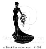 Vector Illustration of a Silhouetted Black and White Bride in Her Dress, Holding a Bouquet by AtStockIllustration