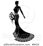 Vector Illustration of a Silhouetted Black and White Bride in Her Dress, Holding a Bouquet by AtStockIllustration