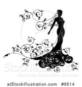 Vector Illustration of a Silhouetted Black and White Bride in Her Dress, with Floral Swirls by AtStockIllustration