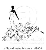 Vector Illustration of a Silhouetted Black and White Bride in Her Dress, with Floral Swirls by AtStockIllustration