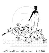 Vector Illustration of a Silhouetted Black and White Bride in Her Wedding Dress, with Swirls by AtStockIllustration