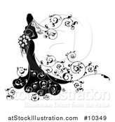 Vector Illustration of a Silhouetted Black and White Bride Posing in a Wedding Gown, with a Bouquet by AtStockIllustration