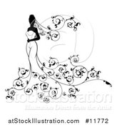 Vector Illustration of a Silhouetted Black and White Bride with Swirls by AtStockIllustration