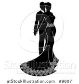 Vector Illustration of a Silhouetted Black and White Posing Bride and Groom by AtStockIllustration