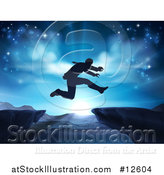 Vector Illustration of a Silhouetted Business Man Leaping a Mountainous Gap over a Blue Sunrise by AtStockIllustration