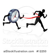 Vector Illustration of a Silhouetted Man Running Through a Finish Line Before a Clock Character by AtStockIllustration