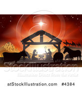 Vector Illustration of a Silhouetted Nativity Scene at the Manger, with Three Wise Men and Animals Under the Star of Bethlehem by AtStockIllustration