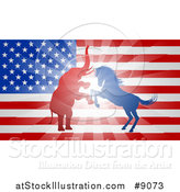 Vector Illustration of a Silhouetted Political Aggressive Democratic Donkey or Horse and Republican Elephant Battling over an American Flag and Burst by AtStockIllustration